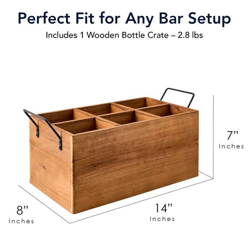 Bourbon Bar Wooden 6-Bottle Crate with Metal Handles, Rustic Beer Caddy, Vintage Bottle Drink Carrier and Wood Beverage Storage Organizer for Home Bar, Man Cave, Kitchen, Cabin and Farmhouse Decor