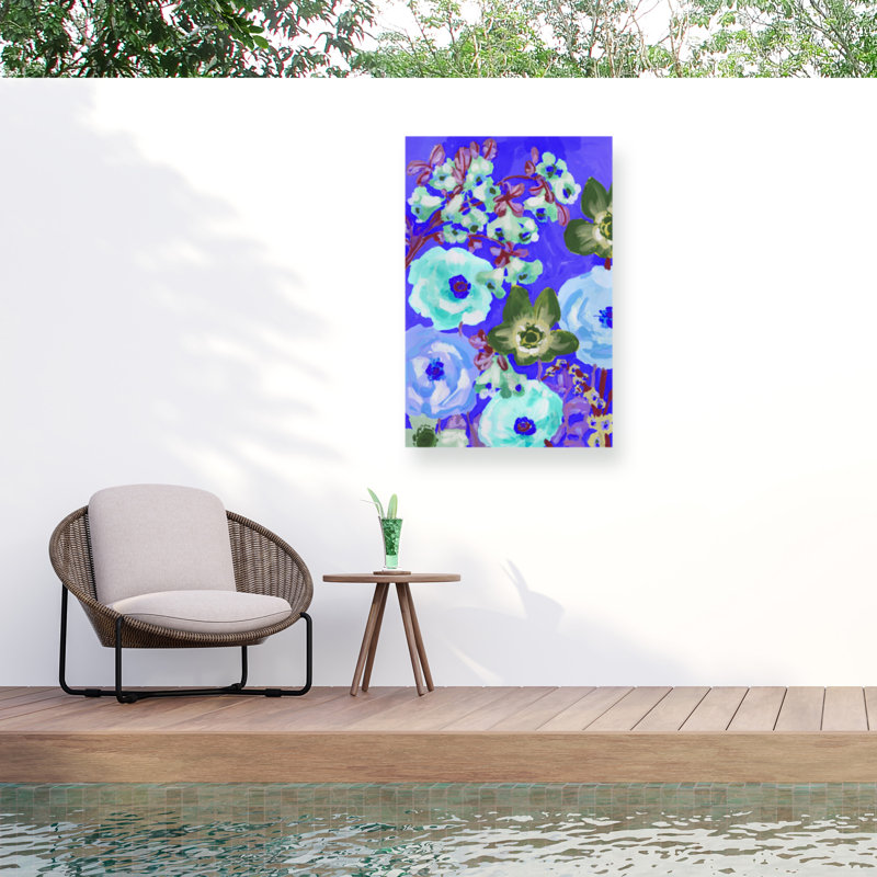 Anémones vertes Ania Zwara sur toile d'extérieur bleu cobalt, H 22 po x l 32 po