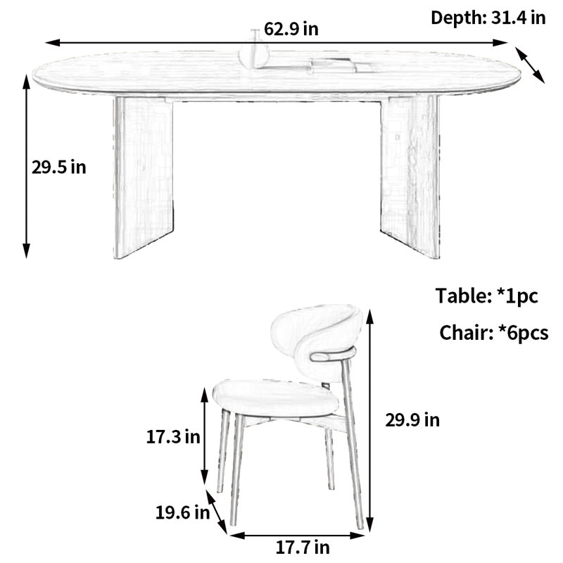 Contemporary design dining table and chair, 29.5"H x 62.9"L x 31.4"W