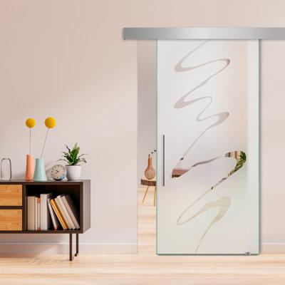 Porte de grange coulissante en verre sans cadre avec design moderne givré + ensemble de quincaillerie (semi-privée)