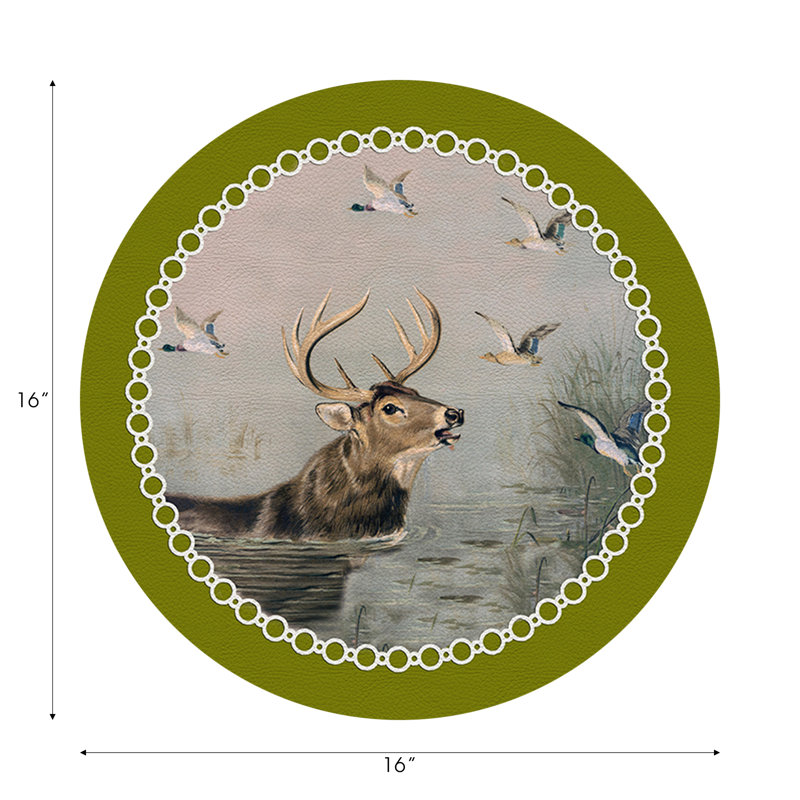 English Stag Vegan Leather Round Pebble Placemat, Chartreuse