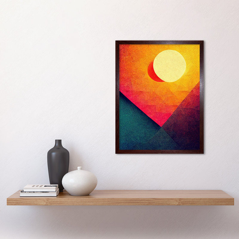 Abstract Geometric Retro Eclipse Moon Sunset - Print, Brown Framed Paper, 43cm H x 33cm W x 2cm D