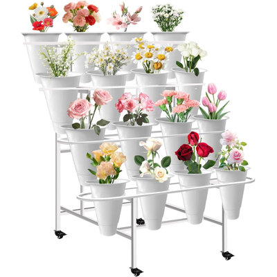 Support pour plante en métal à 4 niveaux avec 16 paniers suspendus, chariot à fleurs avec roues verrouillables pour une utilisation intérieure et extérieure