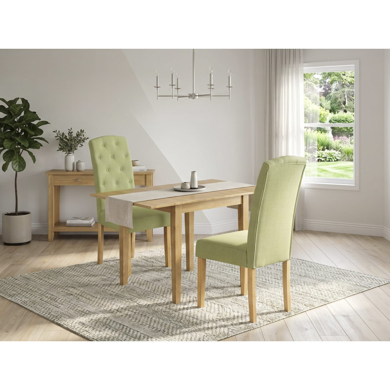 L'ensemble de table de salle à manger 3 pièces contient une table de cuisine rectangulaire avec Dropleaf et 2 chaises rembourrées en tissu de lin Limelight, chêne