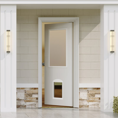 Entry Door Slab With Magnetic Pet Door & Sound-Reducing Frame – 1-Lite Frosted Glass, White Primed Solid Wood