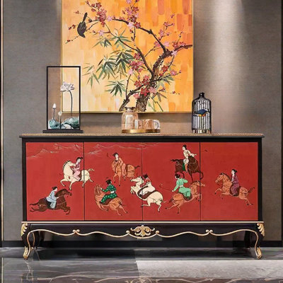 Buffet décoratif vintage rouge peint à la main