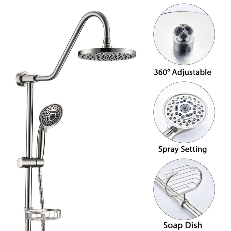 8" Rain Shower Head And Handheld In Brushed Nickel For Stylish Bathroom Complete System With Adjustable Slide Bar & Stainless Steel Heads Finish