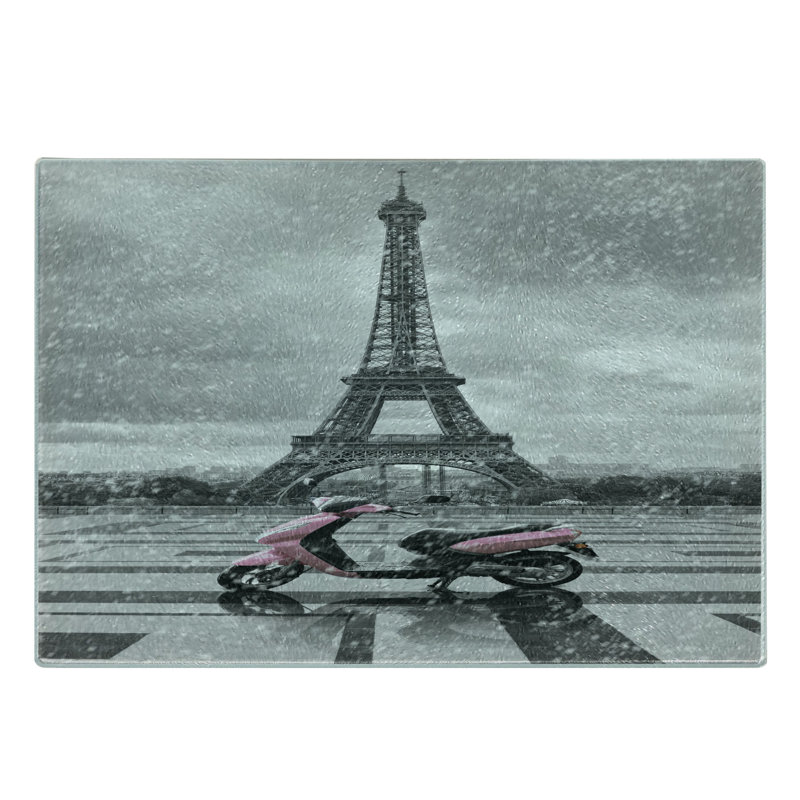 Ambesonne Eiffel Tower Tempered Glass Cutting Board Paris Scene Moped Grey Pink