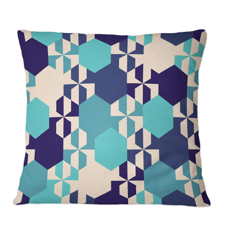 Coussin décoratif rétro à motif géométrique beige et bleu clair, 16 po x 16 po