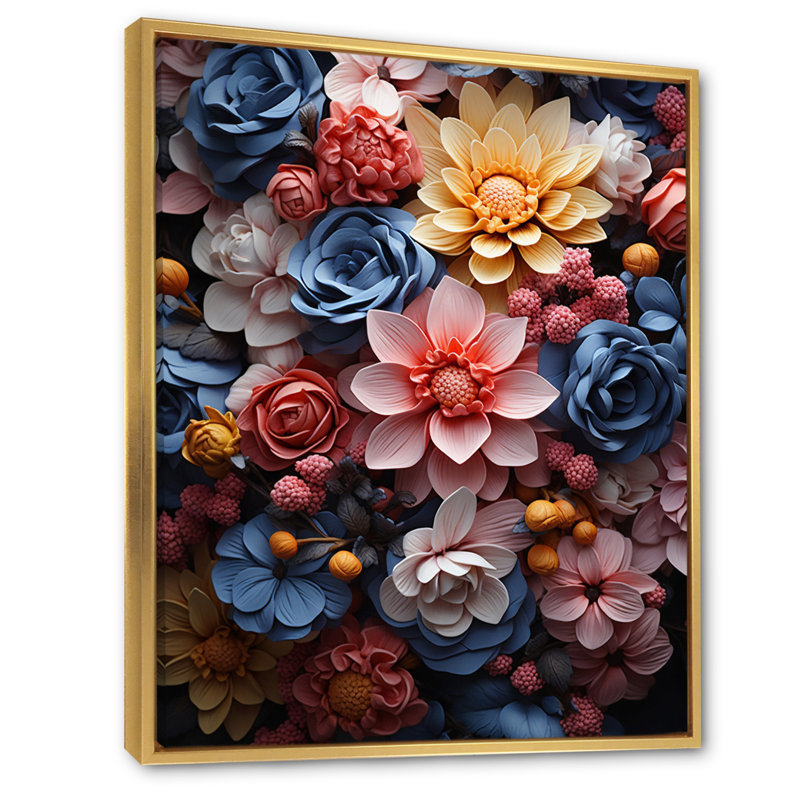 Rose, bleu, Wilflowers Dream I, Cadre flottant doré, H 40 po x l 30 po x P 1,5 po