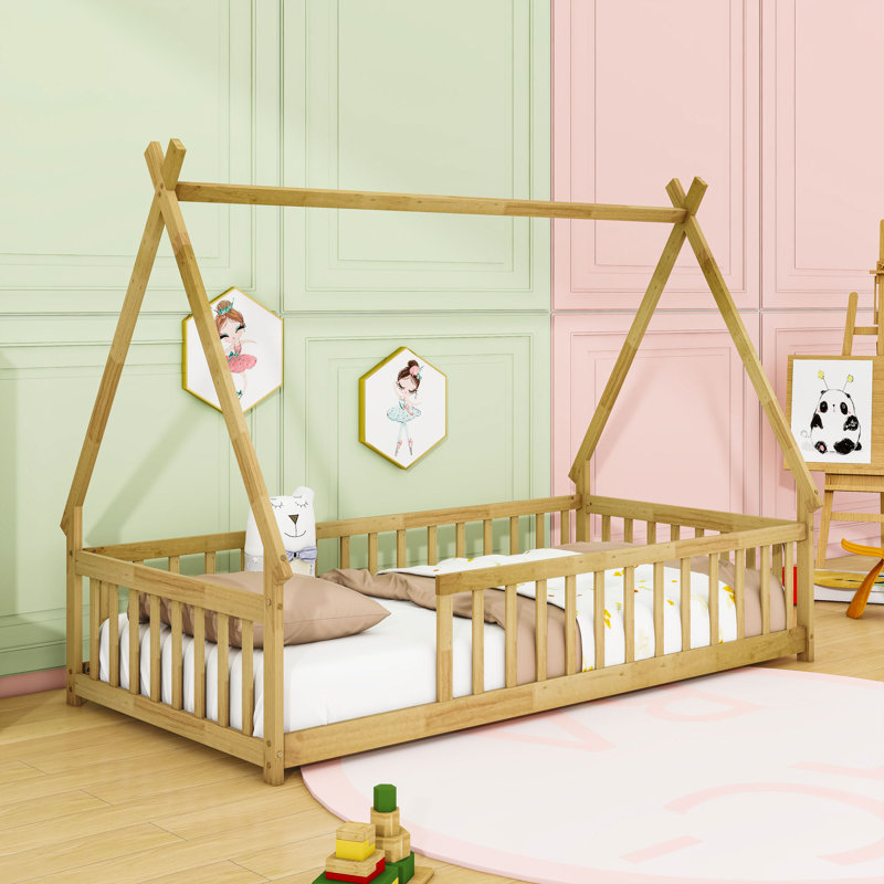 Twin Wooden Tent-Shaped Teepee Floor Bed, Natural