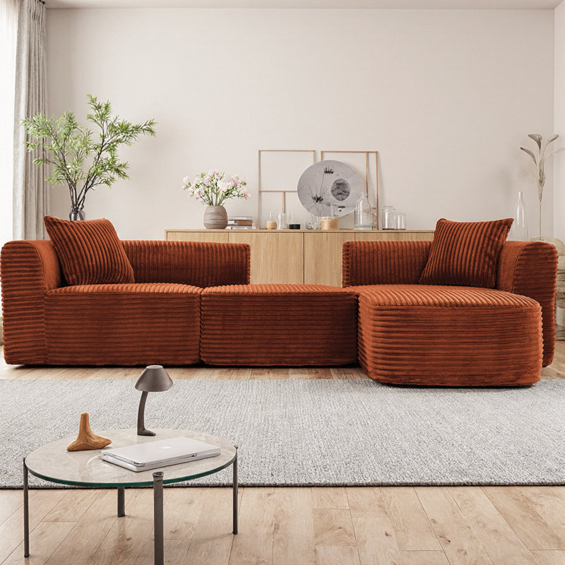 Canapé modulaire Boneless de 114 po avec méridienne et repose-pieds L, Velours côtelé orange