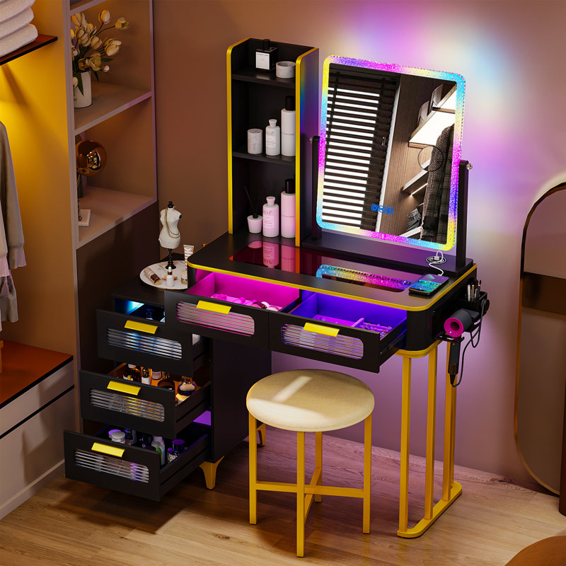 Dressing Table with Human Sensor RGB Lights, Tempered Glass Top, and Quick-Charging Station, Black/Gold