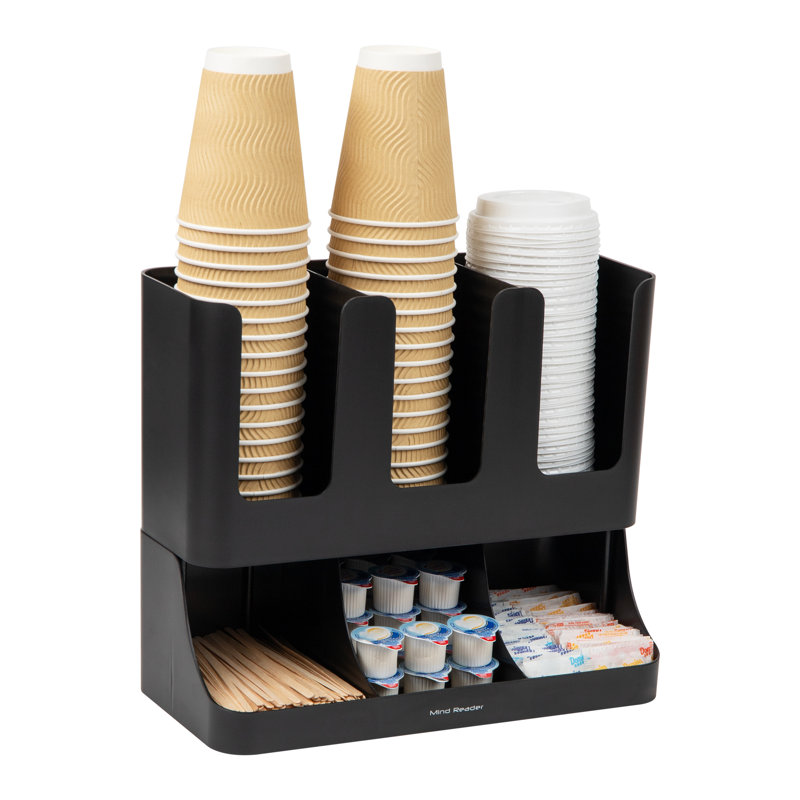 Mind Mind Cup and Condiment Station, organisateur de bar à café de comptoir de 13 pouces avec 6 compartiments, panier de rangement pour tasses, couvercles et paquets, plastique, noir