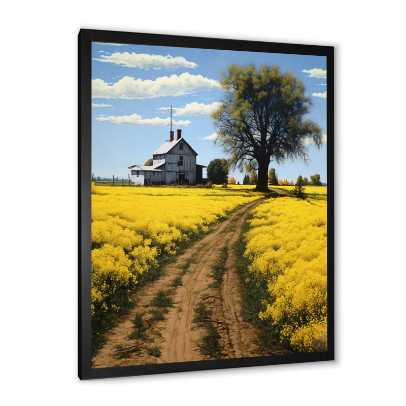 «Countryside Farm Road Yellow Spring Fields» sur impression sur toile, H 32 po x l 24 po x P 1 po, Cadre photo noir
