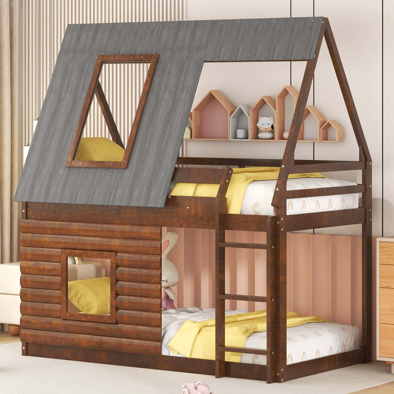 Lit superposé en bois avec toit, échelle et 2 fenêtres Wood House
