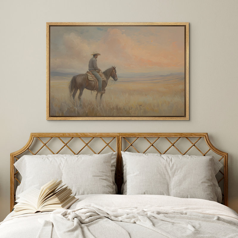 «Western Cowboy Riding Horse In The Field», impression sur toile encadrée pour chambre à coucher, Naturel, H 24 po x l 36 po