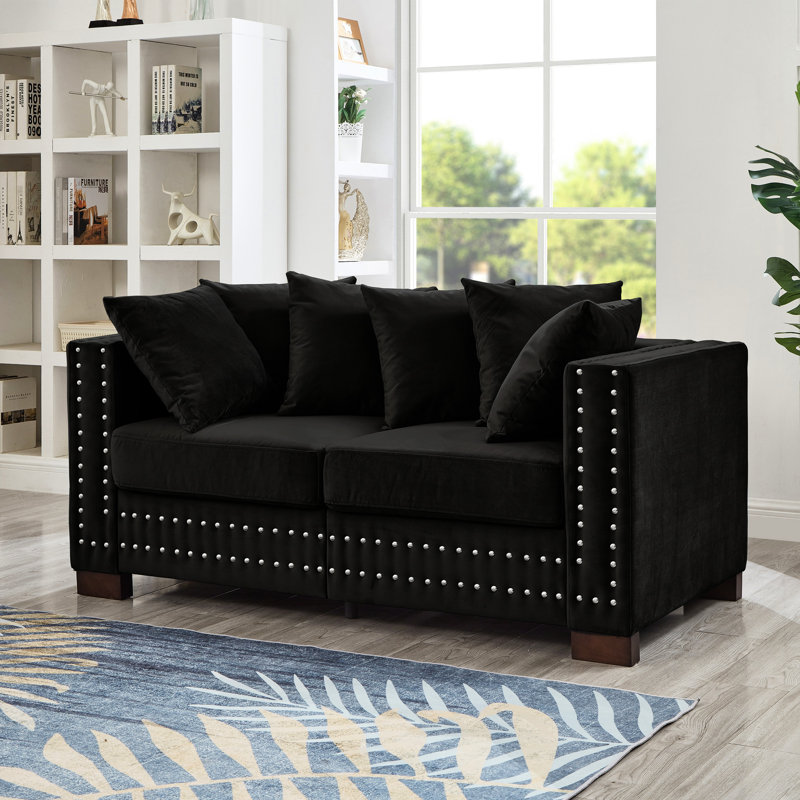 Velours noir au design contemporain pour espace de vie, accoudoirs carrés et clous argentés, sièges confortables rembourrés de ressorts, housses de rangement de siège amovibles 2 places modernes, accoudoirs avec ressorts ensachés