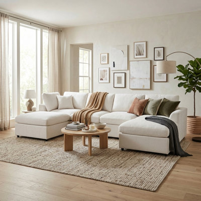 Canapé modulaire U-Style 130,3 po à 6 places modulaire, canapé en chenille avec structure en bois massif, 2 repose-pieds mobiles, 1 coussin décoratif, ensemble de canapé moderne à assise profonde pour salon et appartement