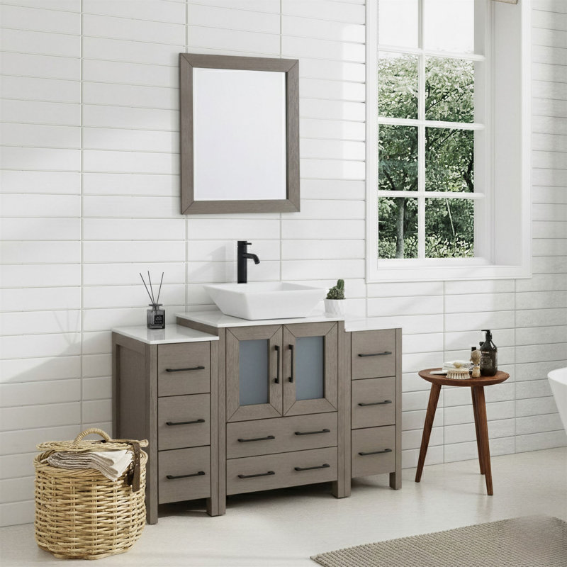 Ensemble de meuble-lavabo autoportant à simple cuve 48 "avec plateau en marbre et miroir assortis Ravenna, Bois flottant gris