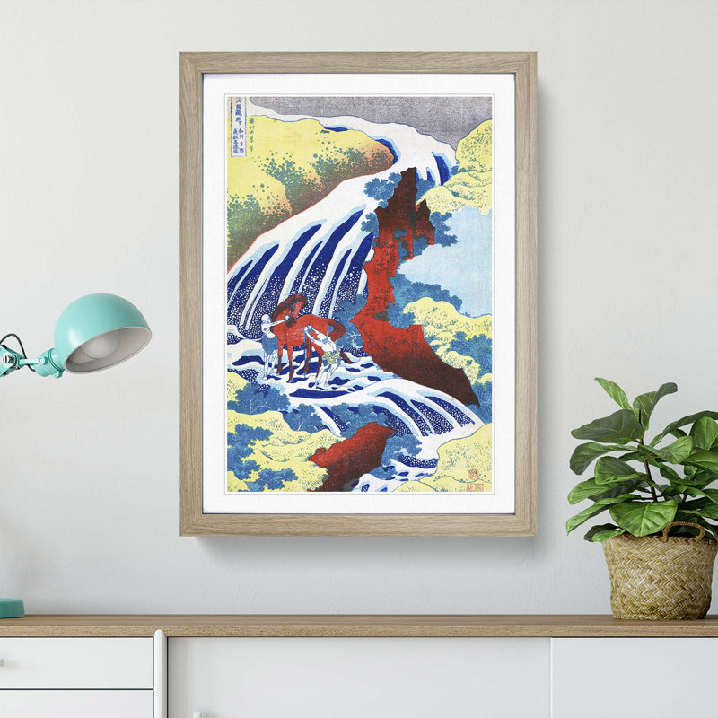 Yoshitsune Falls by Katsushika Hokusai - Picture Frame Art Print, 36cm H x 27cm W x 2cm D, Oak Framed