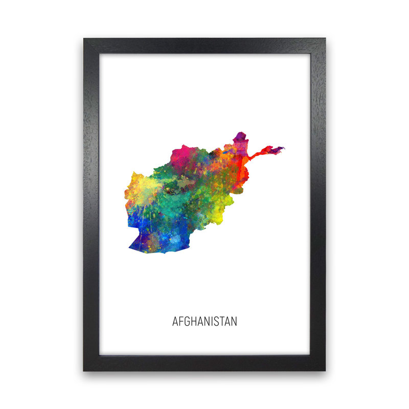 Afghanistan Watercolour Map by Michael Tompsett - Print, Black Framed, 34cm H x 25cm W x 3cm D