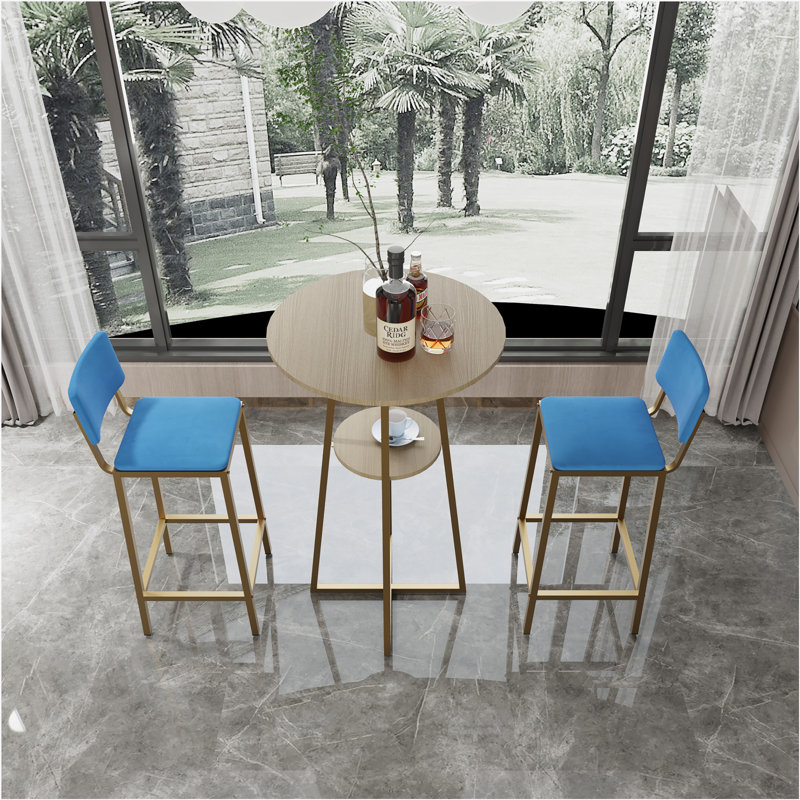  Bar table and chairs three piece set, frame, sponge made seat cushions and backrests, bar table with storage function, Blue