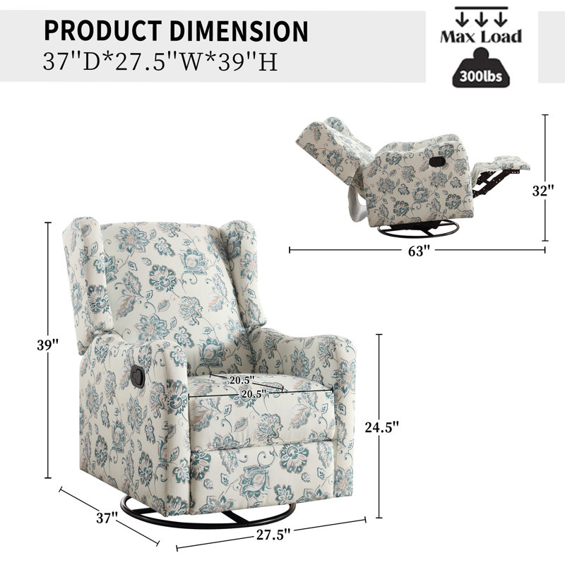Asire 27.5" Floral Manual Swivel Glider Rocking Upholstered Recliner with Wingback, Green