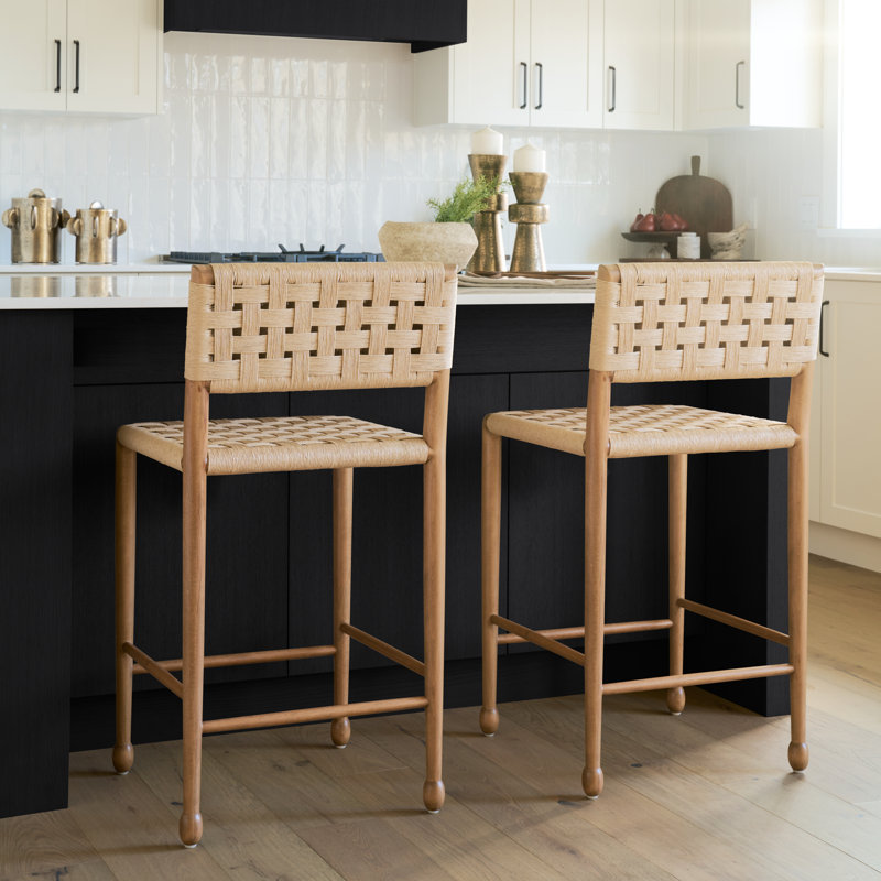 The Brinley Counter Stool Is Crafted From Durable Natural Paper Rope, Featuring A Double-Weave Seat And Backrest On A Sturdy Brown Wooden Frame.