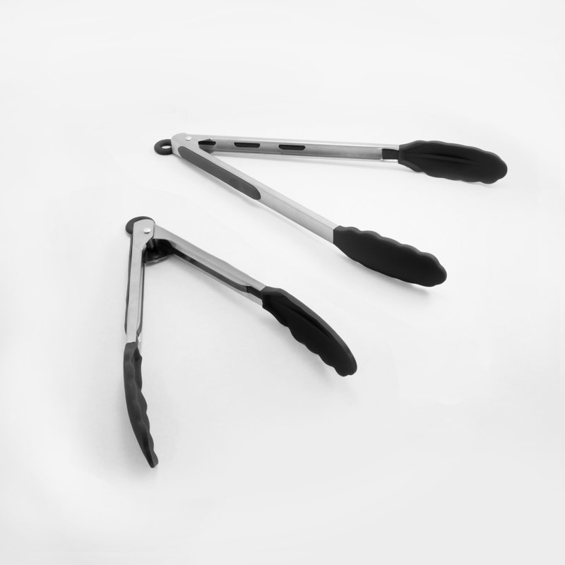 9" and 12" Stainless Steel Black Silicone Cooking Tongs Set