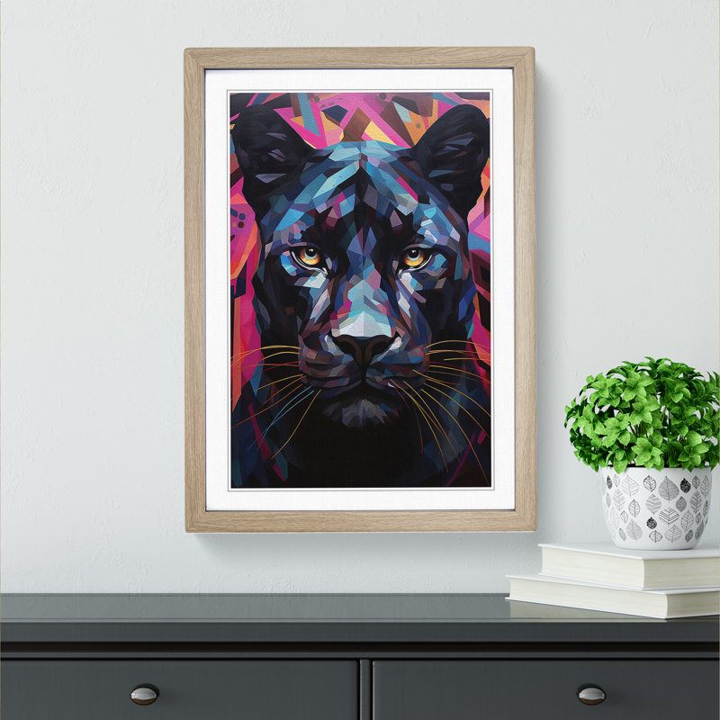 Panther Geometric - Single Picture Frame Print on Wood, 64cm H x 46cm W x 2cm D, Oak Framed