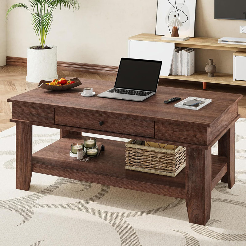 Coffee Table with Drawer and Storage Shelf, 47.2" Rectangular Center Table, Wood Grain Finish, Modern Living Room Furniture