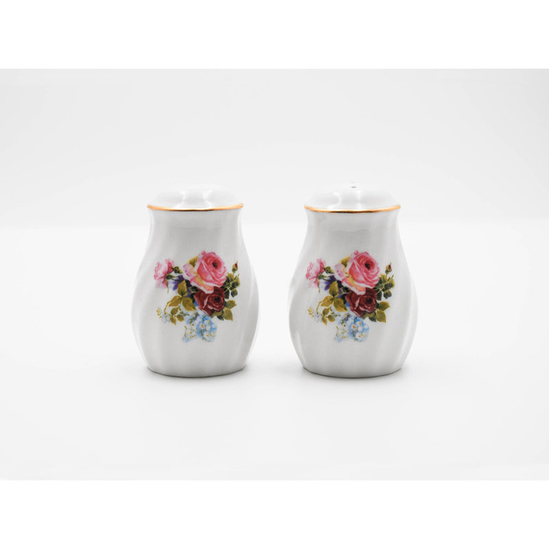 Ensemble de salière et poivrière en porcelaine blanche Priya, motif en relief et bordure or 24 carats