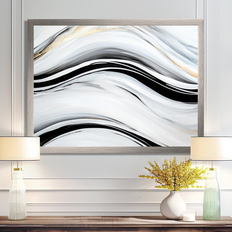 Décoration murale vagues noires et grises abstraites I - Abstrait moderne vagues murales, Argent argent, H 16 po x l 32 po