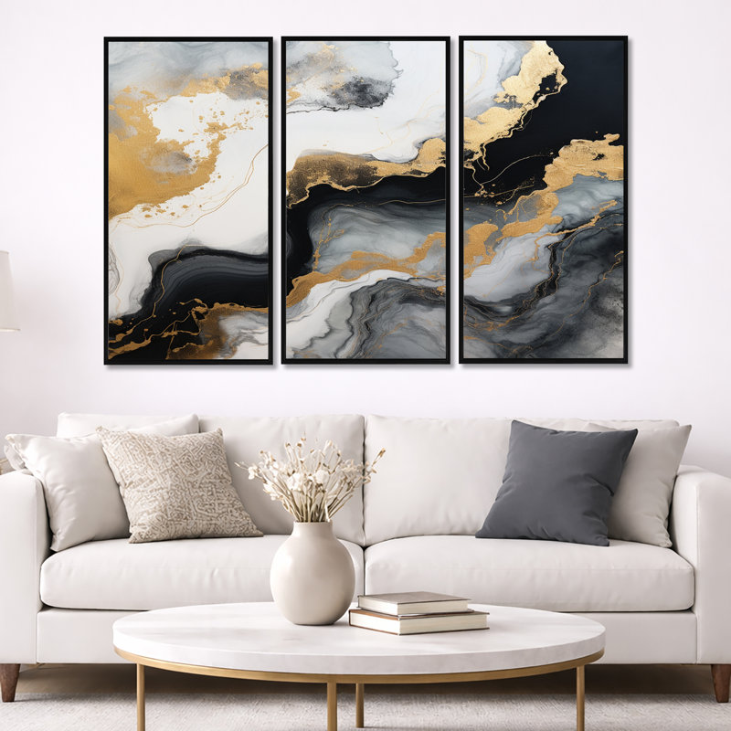 Glam Gold Flows - ensemble d'art mural en marbre noir, Cadre flottant noir, H 40 po x l 60 po x P 1 po