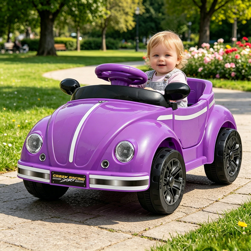 Voiture tout-petit 12V avec télécommande 2,4G, jouet électrique rétro anti-basculement pour enfants Bluetooth, Mauve
