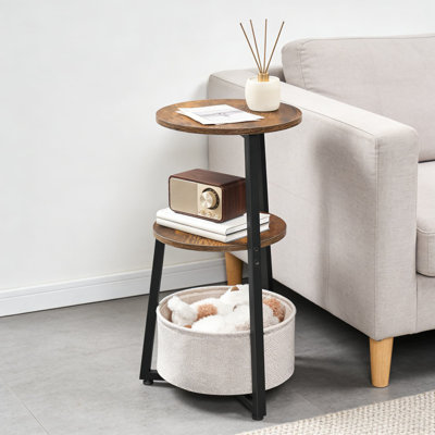 Round Side Table With Charging Station And Storage Basket, 3-Tier Compact End Table With Built-In Power Outlet For Living Room, Bedroom, And Small Spaces