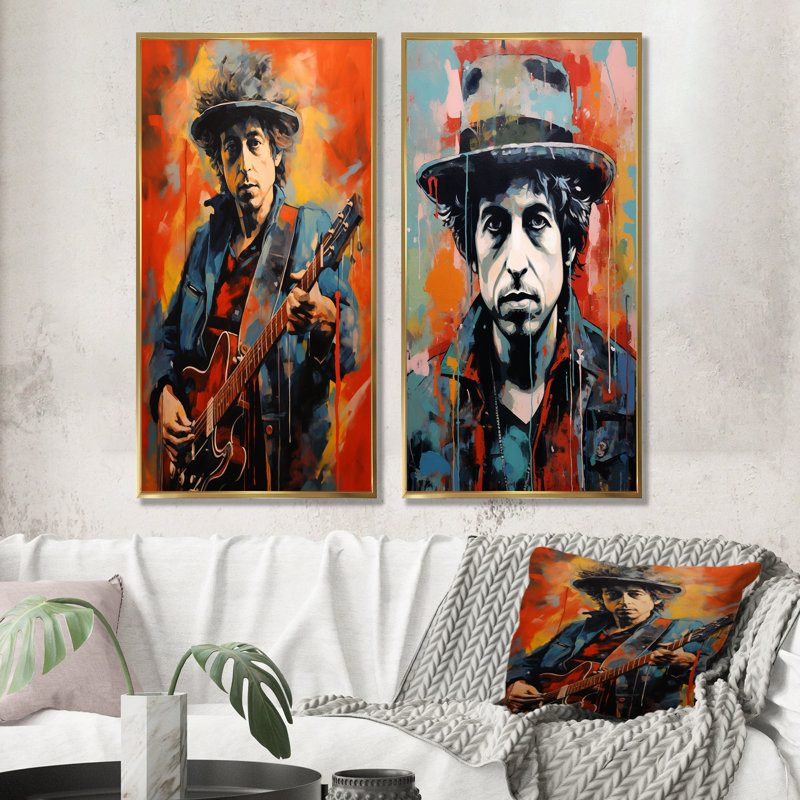 «Dylan In Denim Portrait - Abstract Popart», ensemble de 2 reproductions d'art sur toile, Encadrement doré, H 32 po x l 33 po