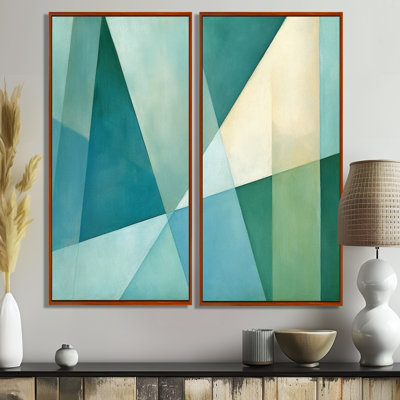 «Green Blue Abstract Geometric Fusion II», art mural sur toile vert 2 panneaux
