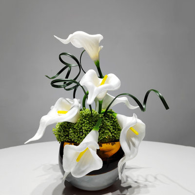 Arrangement floral simulé et décoration de vase circulaire en verre artificiel