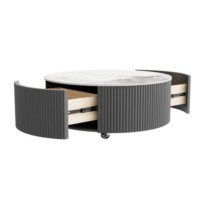 Round Movable Coffee Table with Casters and 2 Drawers