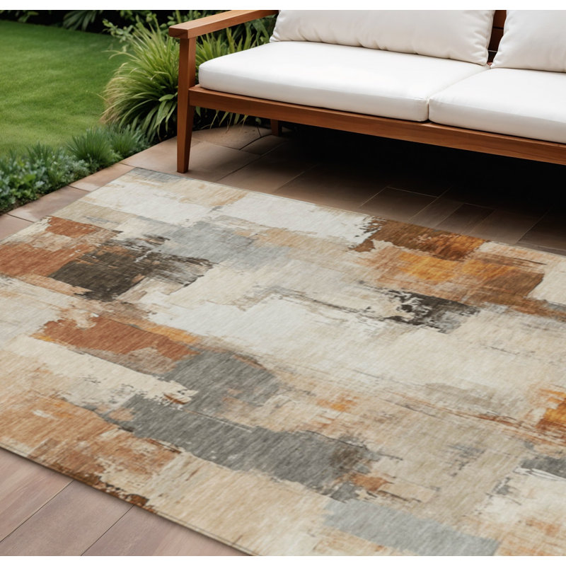 Tapis intérieur lavable abstrait ivoire et rouille 8 pi x 10 pi