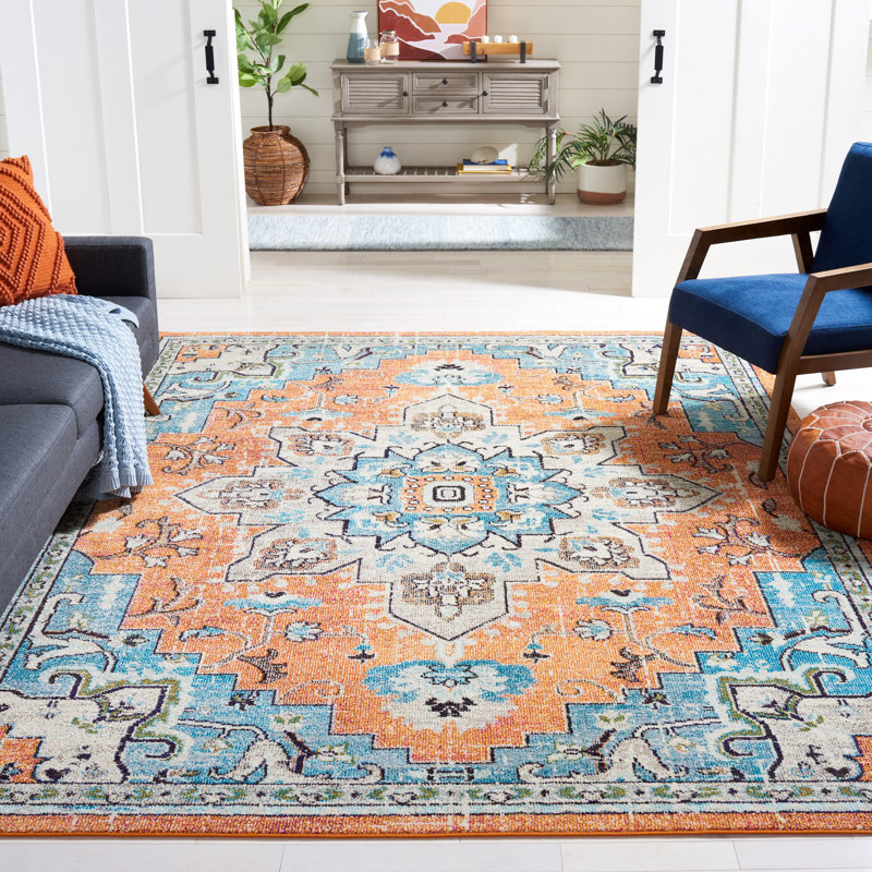 Yedidalga Oriental Orange/Teal Area Rug, Rectangle 6' x 9'