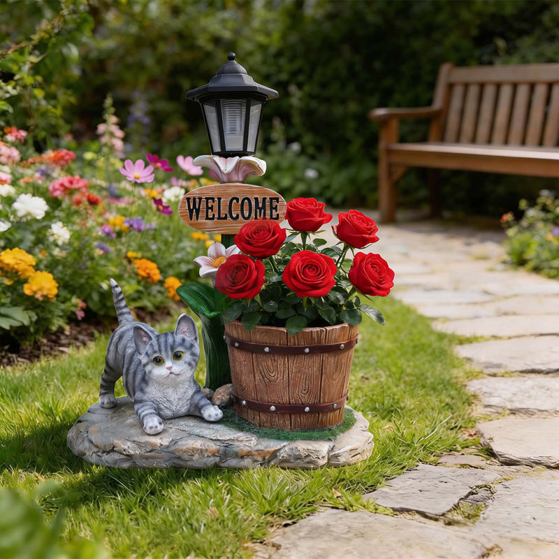Décoration de jardin jardinière pour chat allongé avec lumière DEL intégrée et conception résistante aux intempéries pour une utilisation extérieure