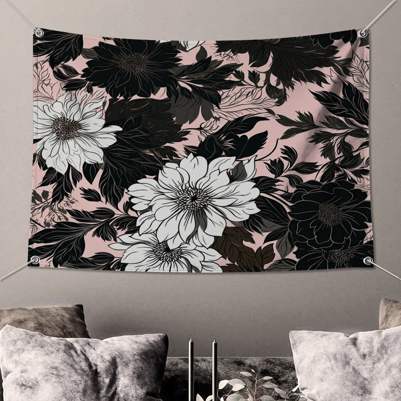 Tapisserie murale fleurs noires et blanches, H 104 po x 88 avec 4 œillets