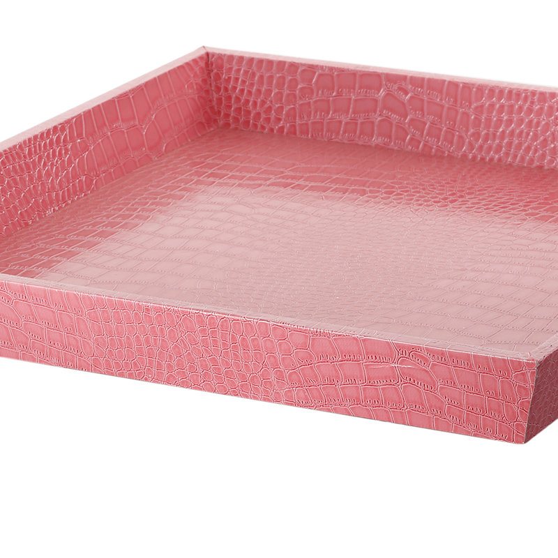  Plateau de service décoratif L 17,7 po en similicuir rose avec plateau en bois