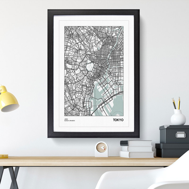 Map Tokyo Japan - Picture Frame Graphic Art, 65cm H x 48cm W x 2cm D, Black