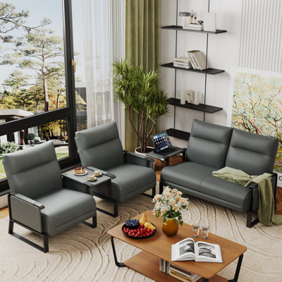 Ensemble de salon 3 pièces rembourré avec plateau latéral, 1 causeuse rembourrée et 2 chaises d'appoint pour les petits espaces