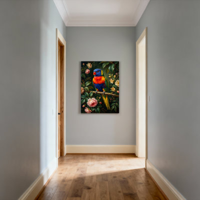 Rainbow Lorikeet avec fleurs, reproduction d'art sur toile tendue sur toile, ensemble de 1