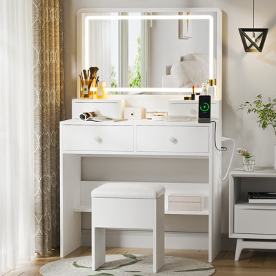 Vanity With LED Mirror, 4 Drawers And Storage Stool, Built-in Outlets